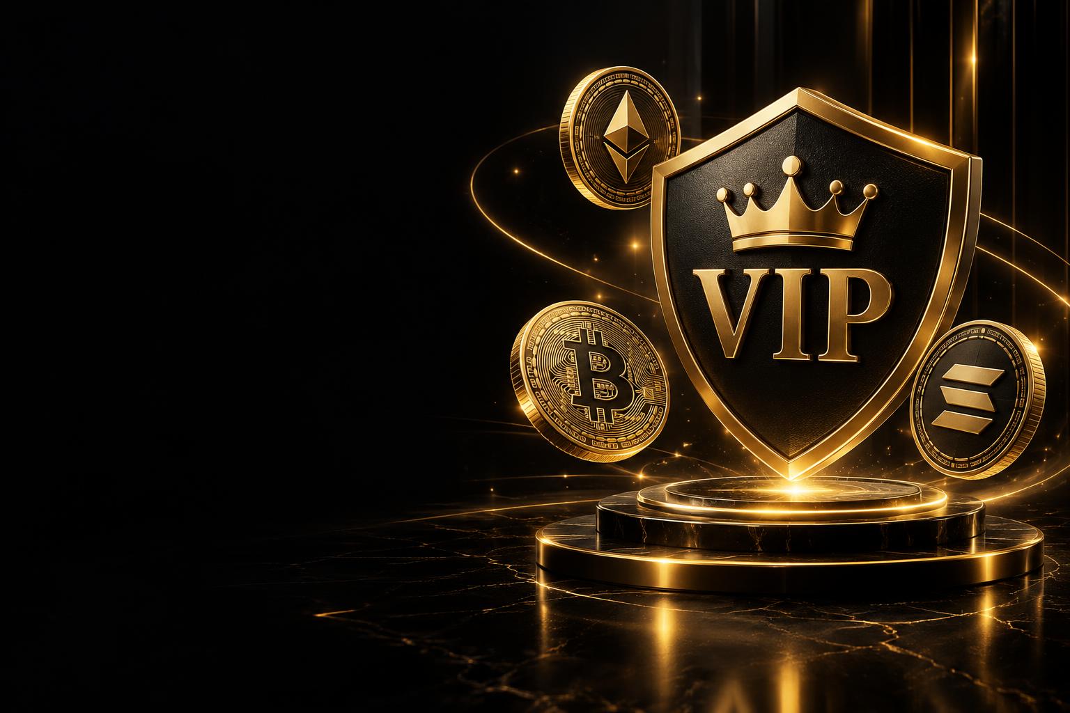 Gold VIP shield with Bitcoin, Ethereum and Solana coins